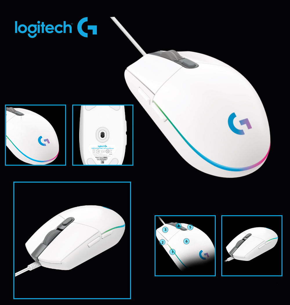 Mouse Gamer Logitech G203 RGB Lightsync, 6 Botões, 8000 DPI, Branco - 910-005794